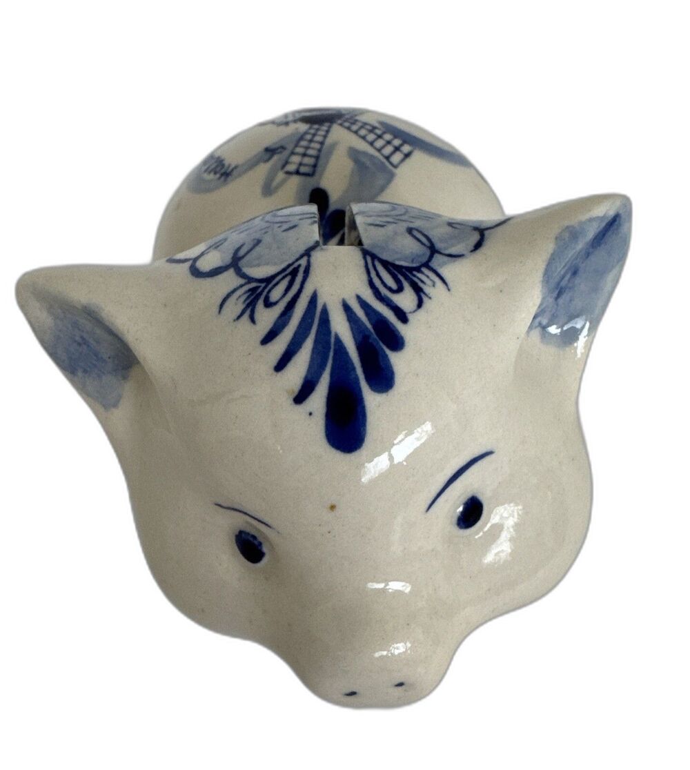 Vtg Delft Blue White Ceramic Hand Painted Piggy Bank Pig Holland Windmill Gift